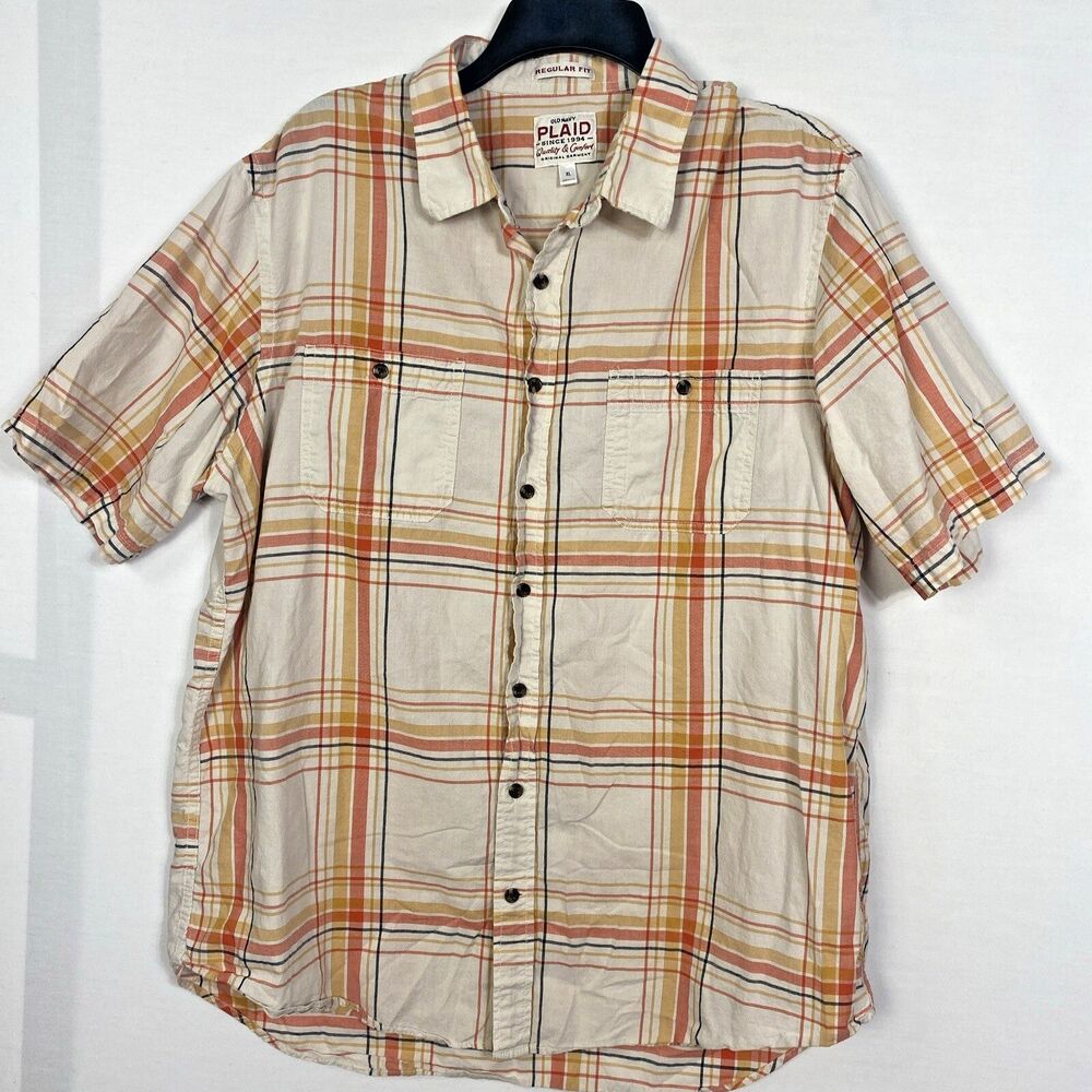 Old Navy Men's Plaid Shirt Button-Up Size XL Orange Multicolor Short Sleeve